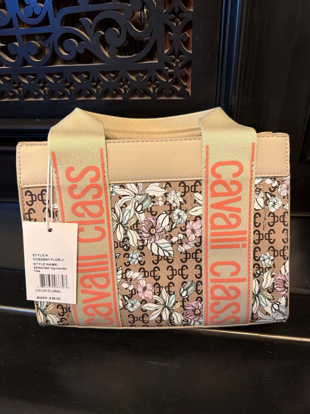 Cavalli Class Serafina Top Handle Tote Floral Logo Beige Orange Handbag - Picture 4 of 4